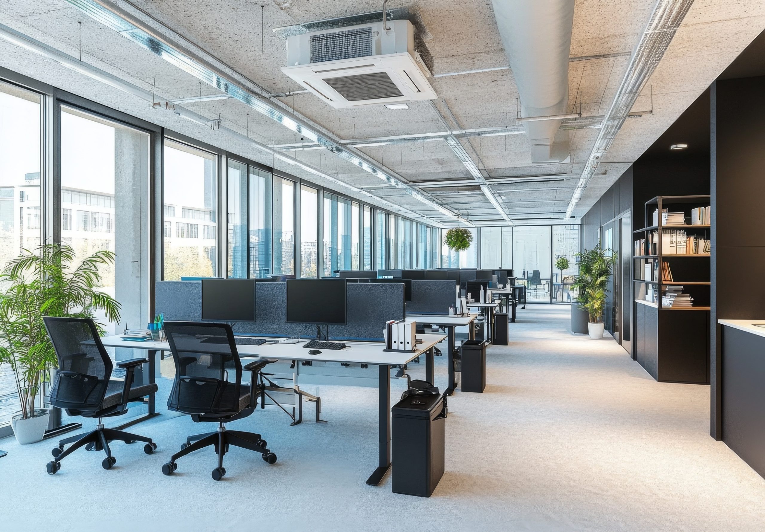 Modern office with ergonomic chairs, high-tech desks, large windows, bright lighting, plants, and minimalist furniture for a clean professional workspace